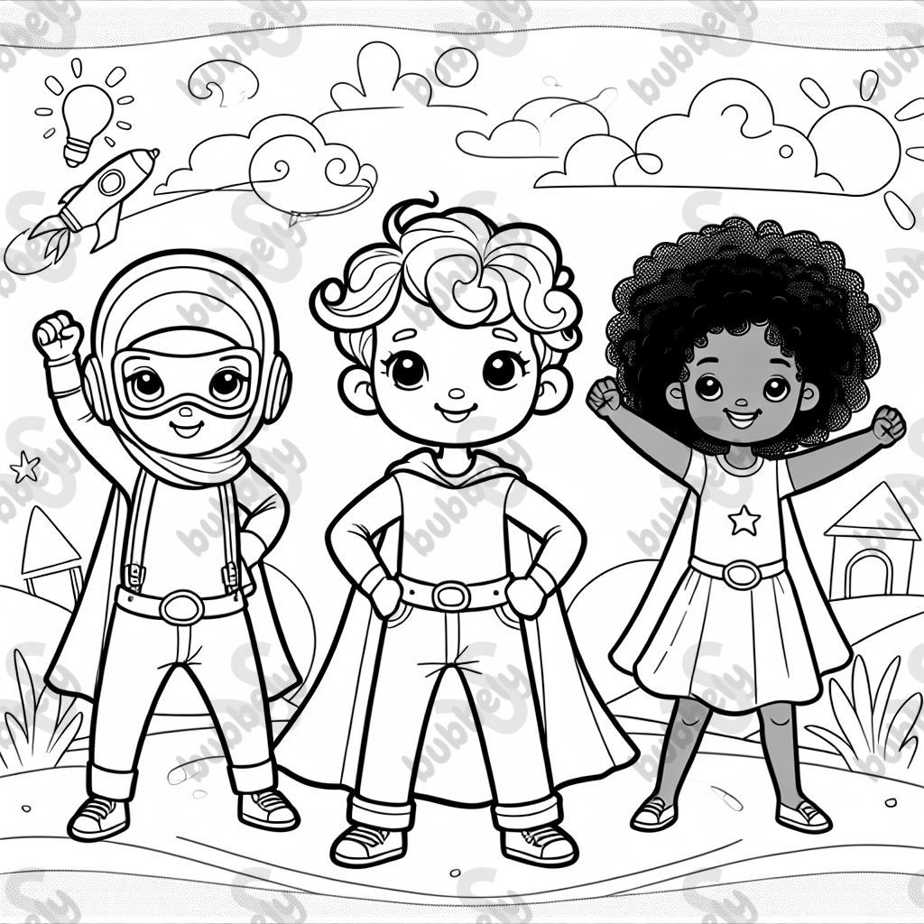 Three children's superheroes, one boy and two girls. One girl should have curly hair. Three children's superheroes, one boy and two girls. One girl should have curly hair.