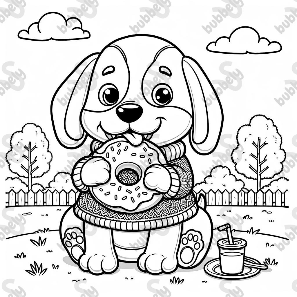 Ein Beagle in einem Pulli, der ein Bagel isst