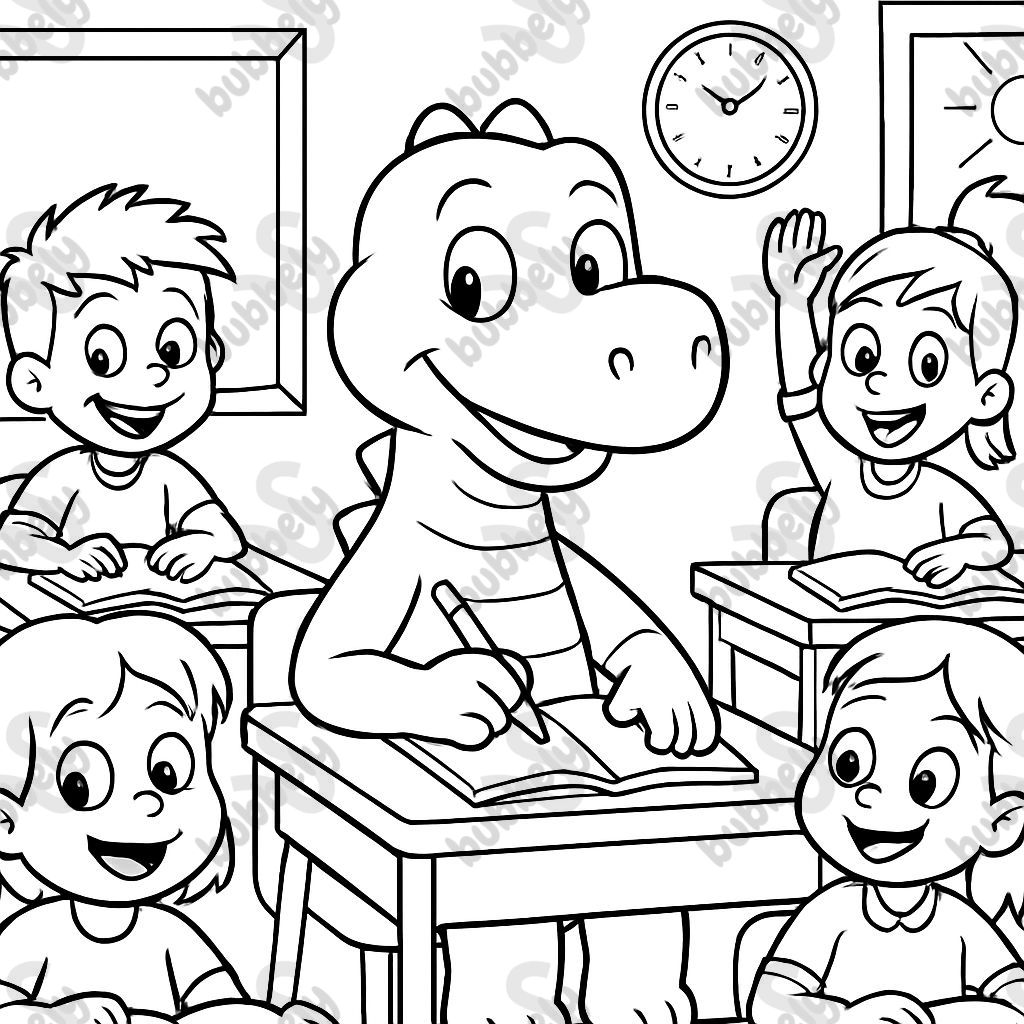 ein Dinosaurier im Klassenzimmer mit anderen Schülern ein Dinosaurier im Klassenzimmer mit anderen Schülern