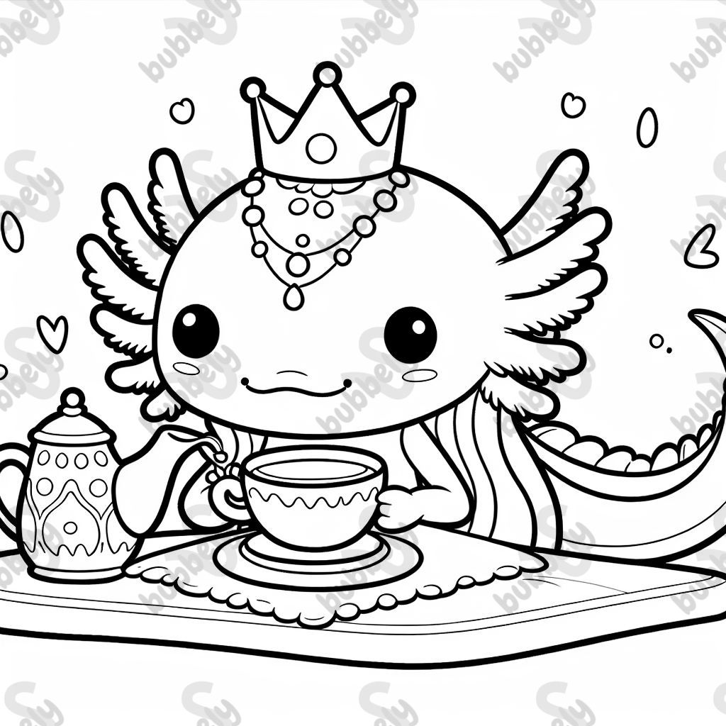 süße Axolotl-Prinzessin beim Teetrinken süße Axolotl-Prinzessin beim Teetrinken