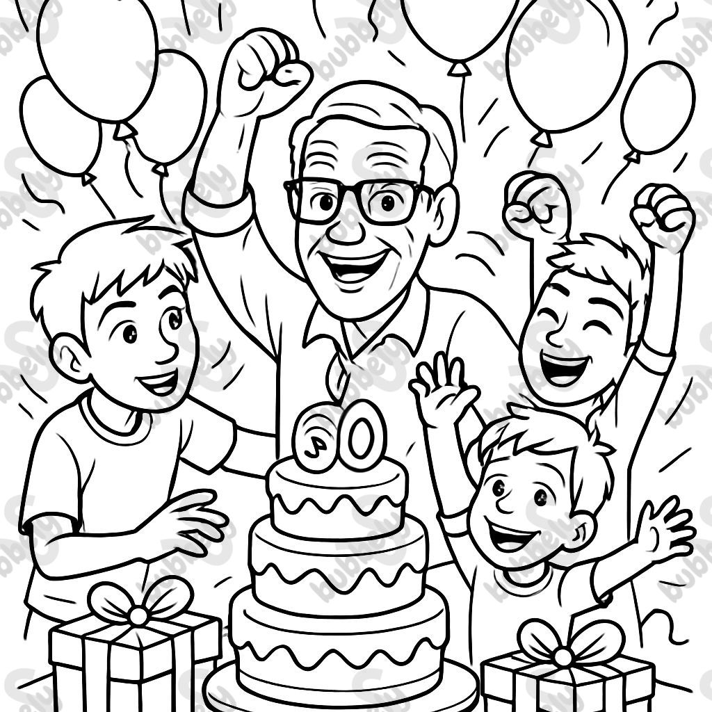 60e anniversaire d'un grand-père ayant l'air jeune (avec des lunettes) avec ses 3 petits-fils (13, 10 et 6 ans). L'image présente un gâteau à trois étages, beaucoup de ballons et des cadeaux. 60e anniversaire d'un grand-père ayant l'air jeune (avec des lunettes) avec ses 3 petits-fils (13, 10 et 6 ans). L'image présente un gâteau à trois étages, beaucoup de ballons et des cadeaux.