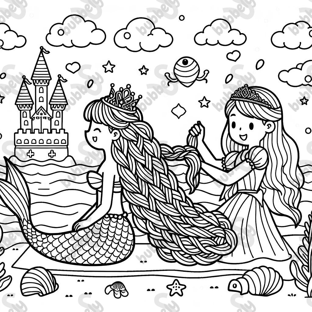 eine prinzessin mit langen haaren flechtet einer meerjungfrau mit sehr langen haaren einen zopf eine prinzessin mit langen haaren flechtet einer meerjungfrau mit sehr langen haaren einen zopf