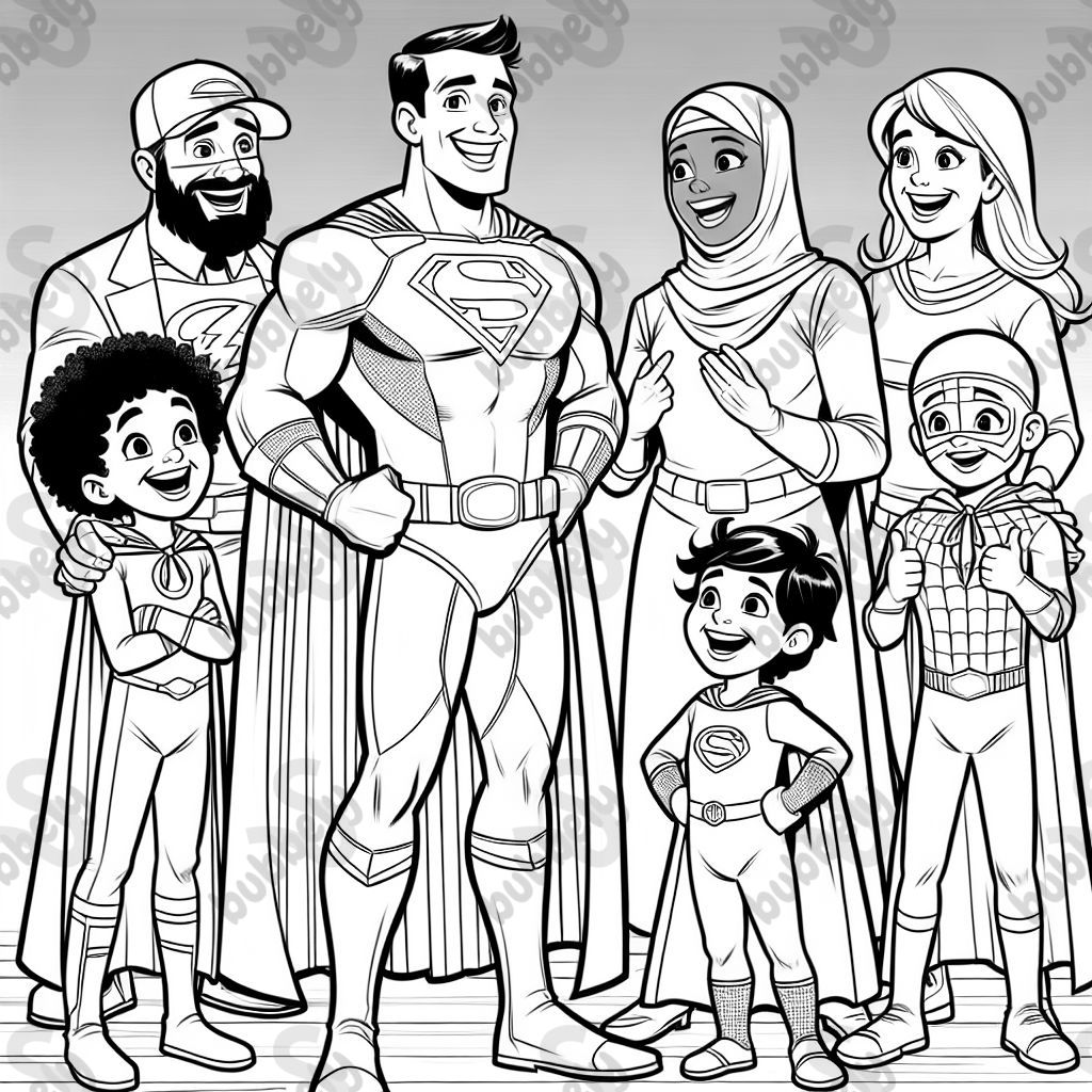 Superhero dad, mom, brother, sister, and brother