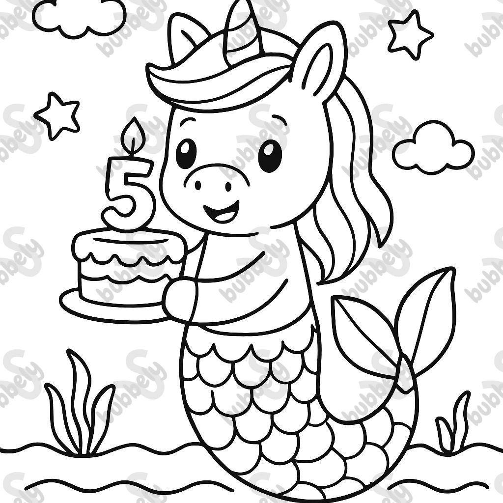 Una sirena unicornio sosteniendo un pastel de cumpleaños con el número 5. Una sirena unicornio sosteniendo un pastel de cumpleaños con el número 5.