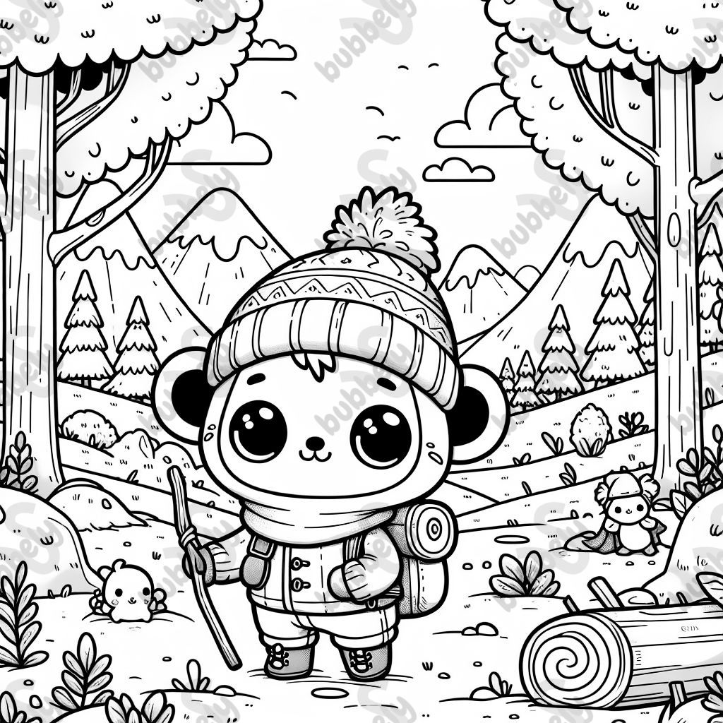 eine kleine, niedliche Kreatur, die wie ein Abenteurer aussieht, mit einem Rucksack und einer gemütlichen Kleidung, inmitten eines Waldes