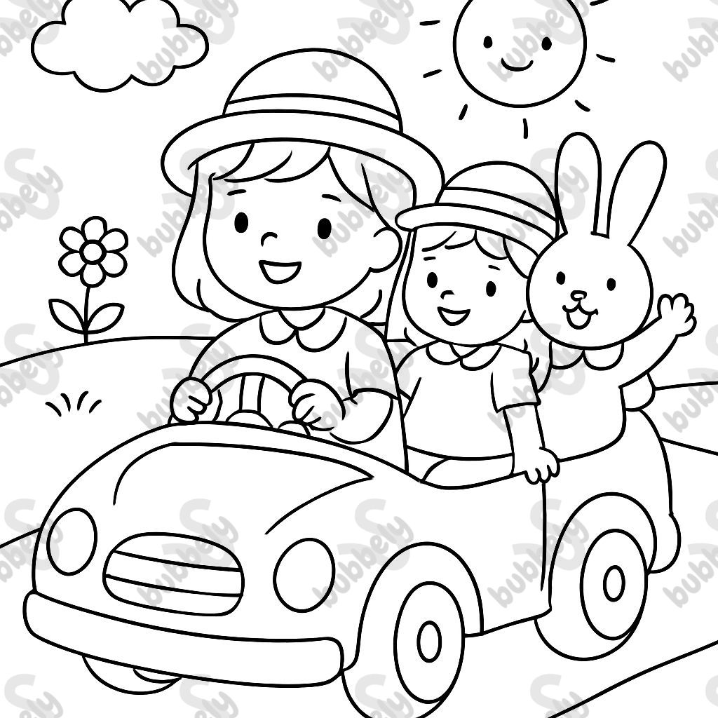 Un lapin et une petite fille dans une voiture avec des chapeaux et des robes avec des pantalons en dessous, tandis qu'une autre petite fille conduit la voiture. Un lapin et une petite fille dans une voiture avec des chapeaux et des robes avec des pantalons en dessous, tandis qu'une autre petite fille conduit la voiture.