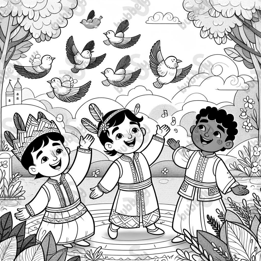 Three flying feathers and three princes soaring through the air on adventures. Three flying feathers and three princes soaring through the air on adventures.