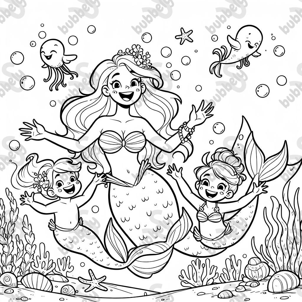 Una sirena con su familia divirtiéndose en el agua. Una sirena con su familia divirtiéndose en el agua.