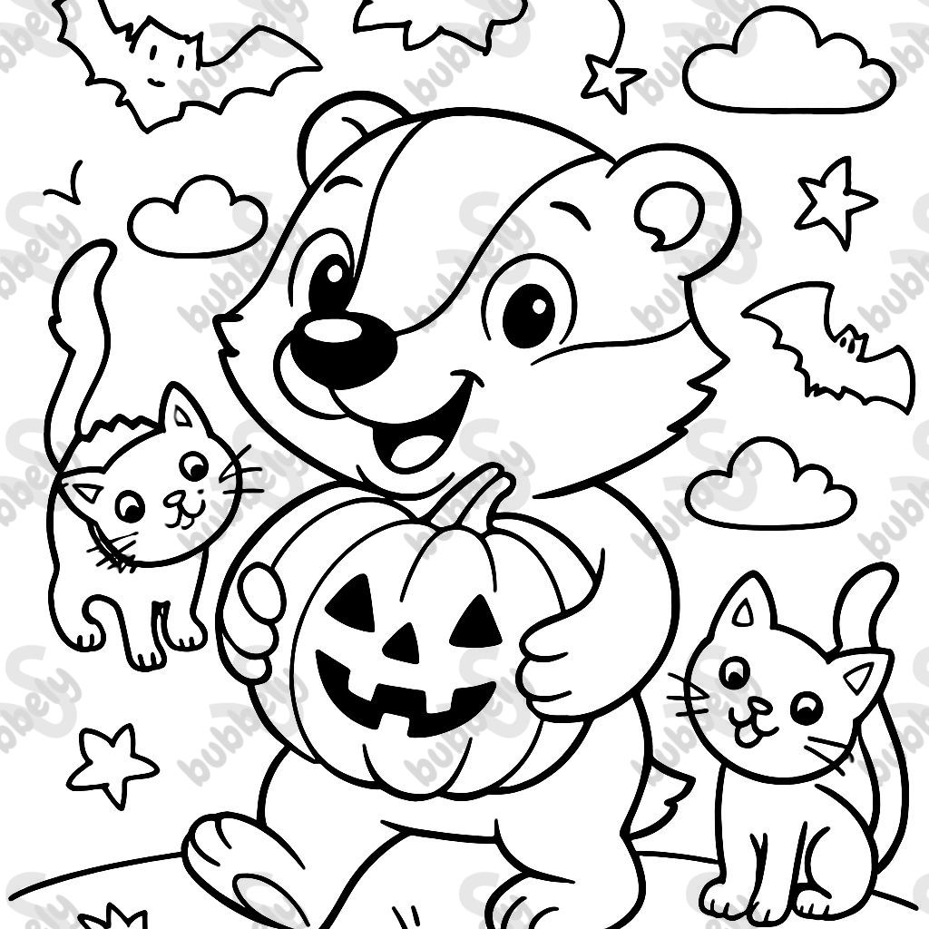 un blaireau mignon tenant une citrouille avec des thèmes d'Halloween comme des chauves-souris et des chats noirs. un blaireau mignon tenant une citrouille avec des thèmes d'Halloween comme des chauves-souris et des chats noirs.