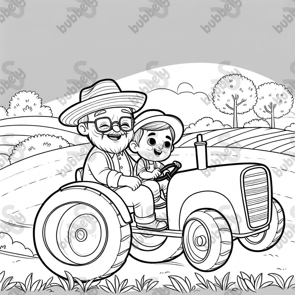 Grandpa and grandson in a tractor