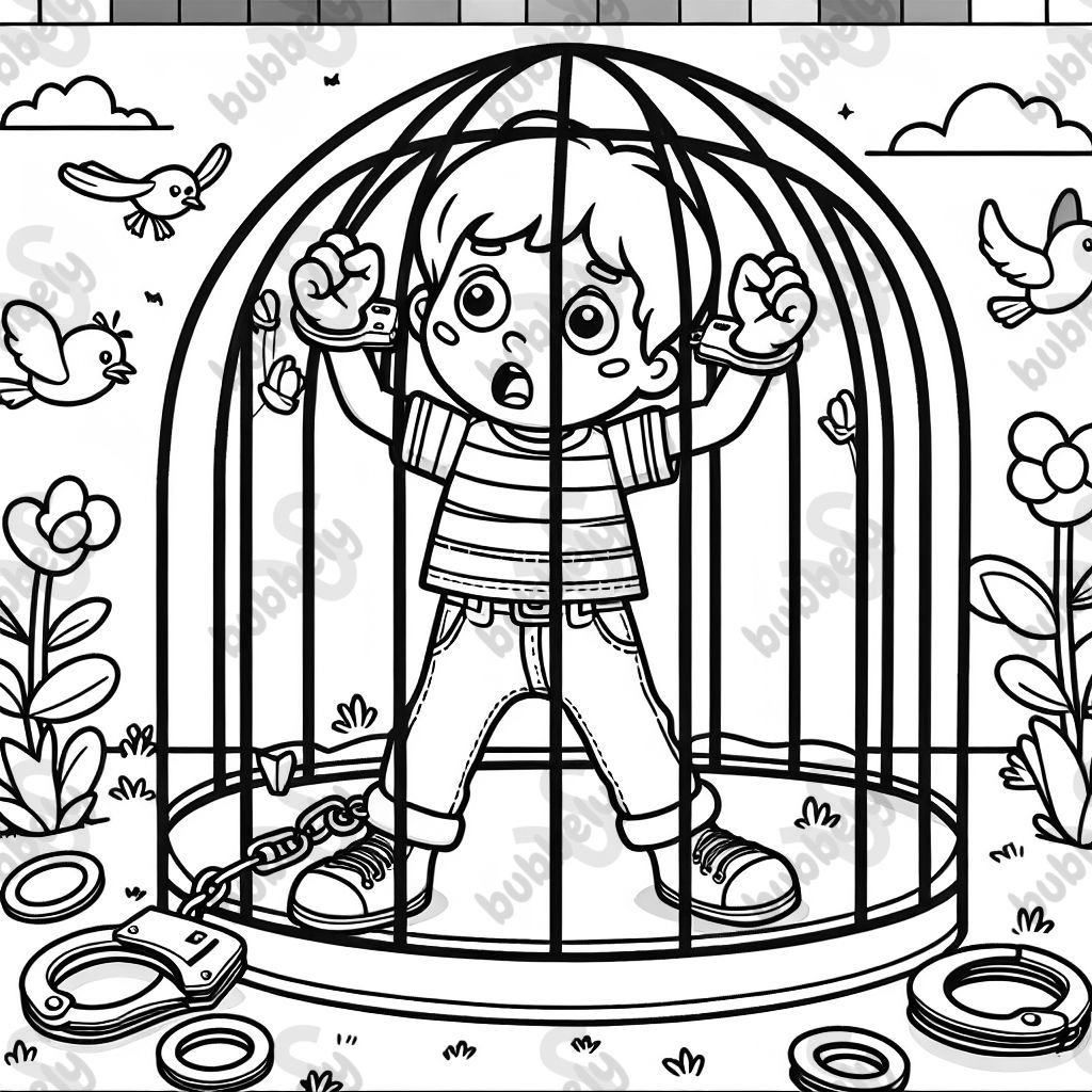ein Kindergarten Kind, welches Handschellen trägt und aus dem Gefängnis ausbricht ein Kindergarten Kind, welches Handschellen trägt und aus dem Gefängnis ausbricht