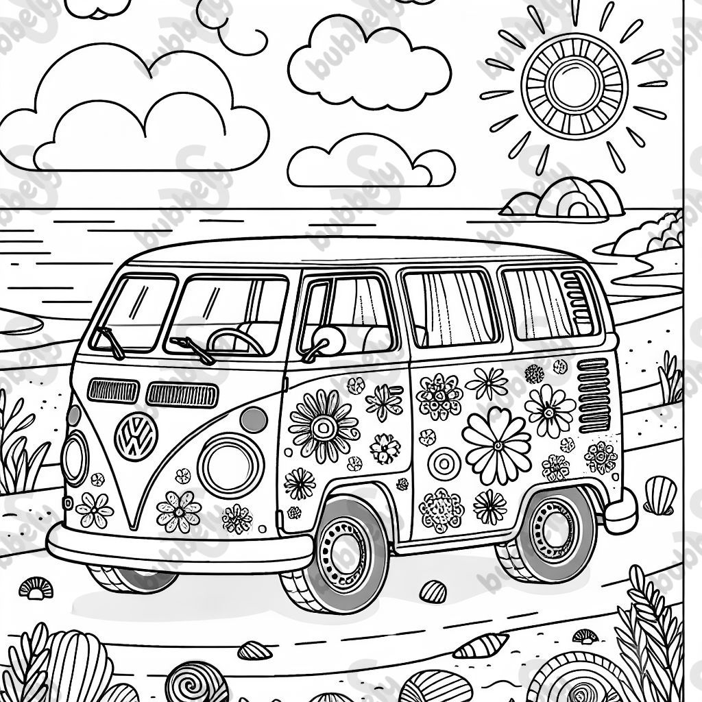 Ein Volkswagen-Bus mit Blumen darauf, der am Strand steht. Ein Volkswagen-Bus mit Blumen darauf, der am Strand steht.