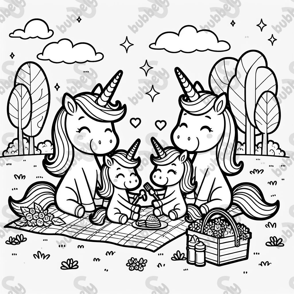 Mamá unicornio, papá unicornio y dos hijas unicornio en un picnic Mamá unicornio, papá unicornio y dos hijas unicornio en un picnic