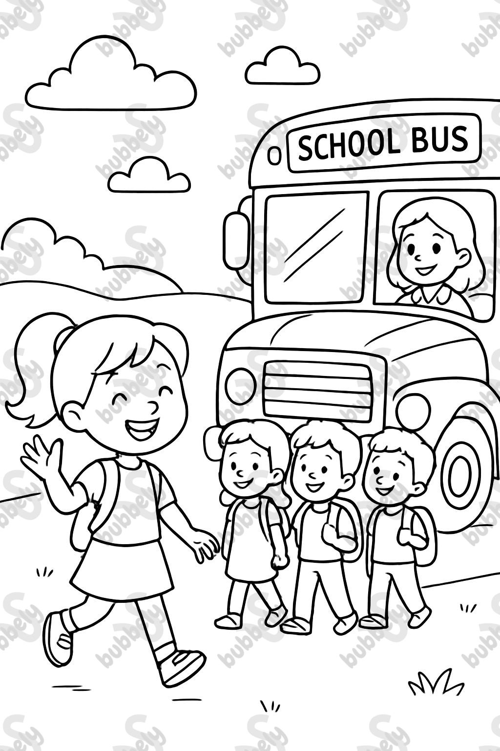 Un bus scolaire avec une conductrice et une file d'enfants pour monter à bord. Une petite fille de 6 ans avec une queue de cheval fait signe à ses amis. Un bus scolaire avec une conductrice et une file d'enfants pour monter à bord. Une petite fille de 6 ans avec une queue de cheval fait signe à ses amis.