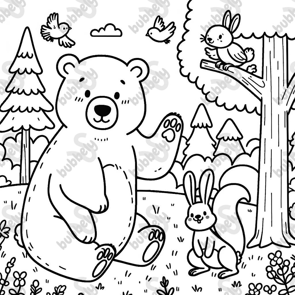 Un ours, un lièvre et un écureuil sont assis dans une forêt. L'ours fait un signe amical tandis que le lièvre saute joyeusement dans une prairie. Des oiseaux volent au-dessus, et en arrière-plan, on voit des arbres et un petit ruisseau. Un ours, un lièvre et un écureuil sont assis dans une forêt. L'ours fait un signe amical tandis que le lièvre saute joyeusement dans une prairie. Des oiseaux volent au-dessus, et en arrière-plan, on voit des arbres et un petit ruisseau.