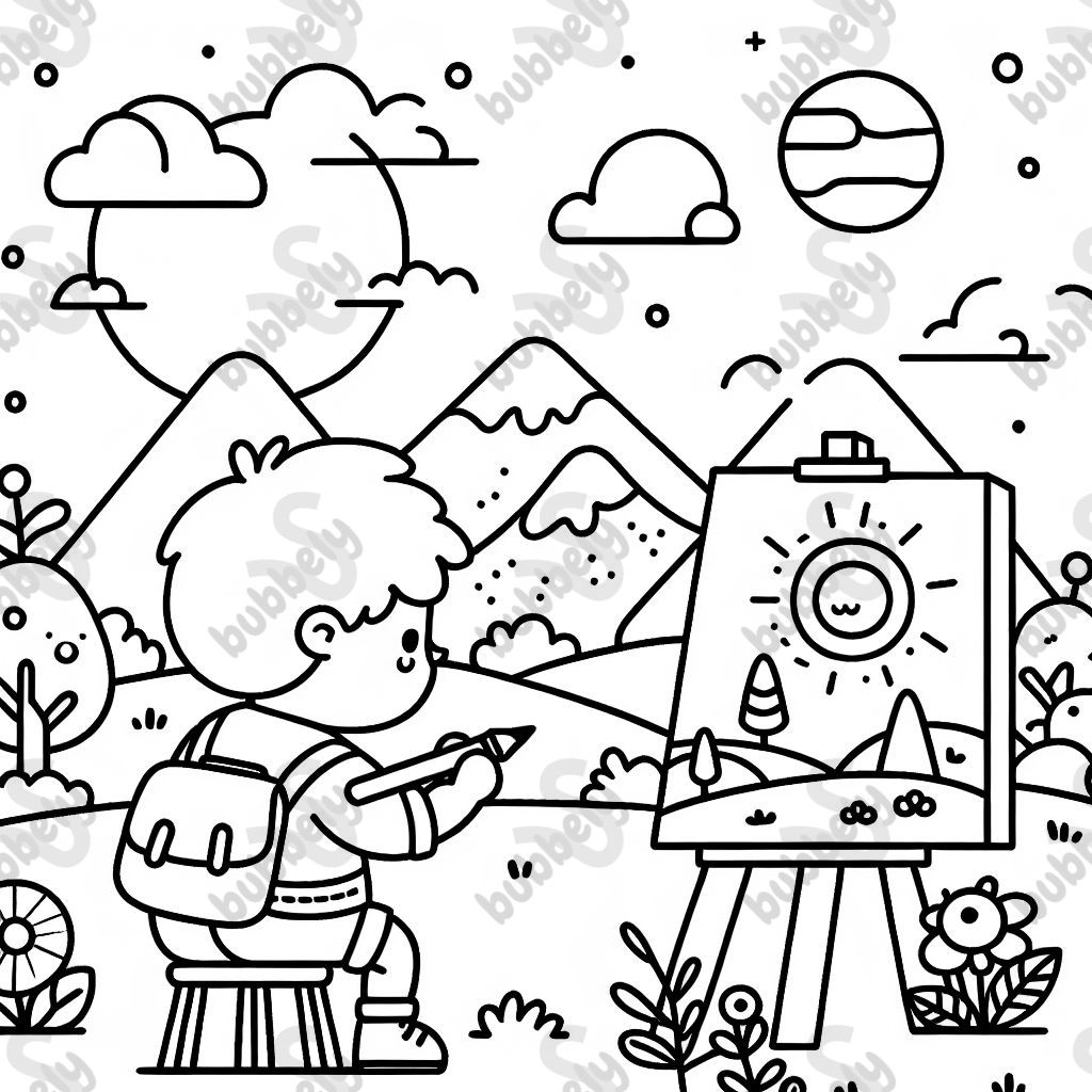 Un niño artista pintando el paisaje en el que se encuentra. Un niño artista pintando el paisaje en el que se encuentra.