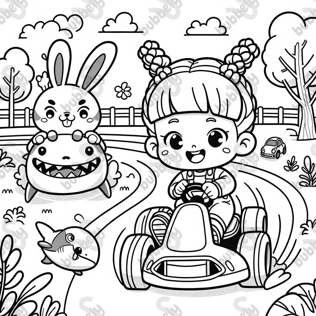 A 3-year-old Chinese girl with short plaits in a go-kart race against a bunny and a hammerhead shark. A 3-year-old Chinese girl with short plaits in a go-kart race against a bunny and a hammerhead shark.