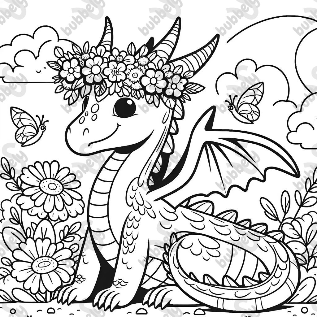 a dragon with big wings, a flower crown on its head, and two flowers in its front paws a dragon with big wings, a flower crown on its head, and two flowers in its front paws