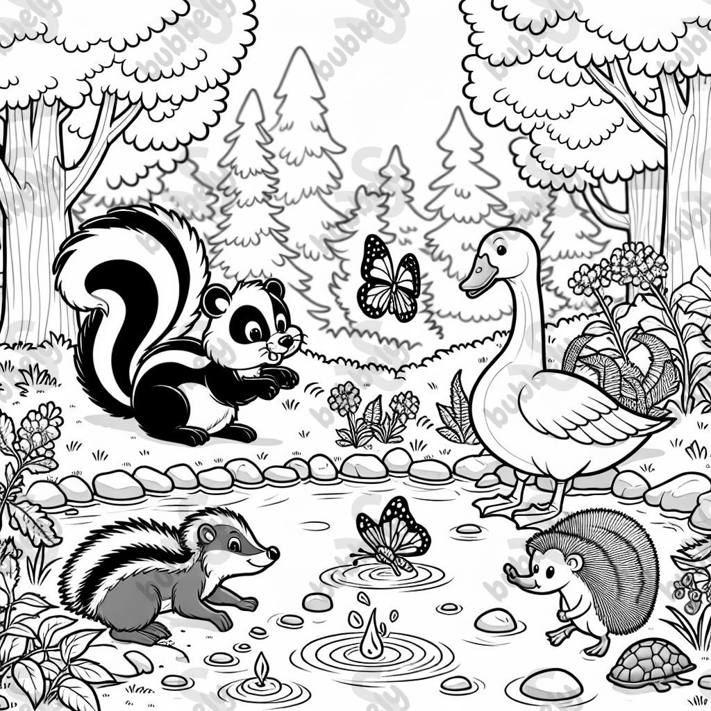 Simple coloring page of squirrel, skunk, hedge hog, goose, butterfy playng in a forest near water Simple coloring page of squirrel, skunk, hedge hog, goose, butterfy playng in a forest near water