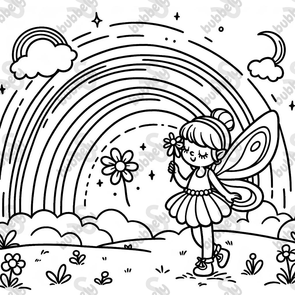 A picture of a colorful rainbow with a magical fairy, inviting children to be creative and color the scene vibrantly. A picture of a colorful rainbow with a magical fairy, inviting children to be creative and color the scene vibrantly.