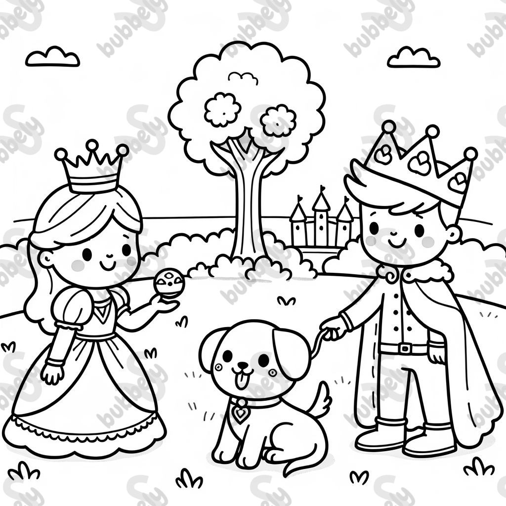 Eine Königin und ein König die mit einer Hundekönigin Stöckchen werfen spielen Eine Königin und ein König die mit einer Hundekönigin Stöckchen werfen spielen