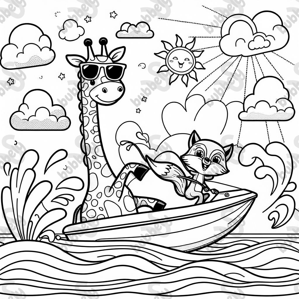 Une girafe faisant du ski nautique avec un renard conduisant le bateau. Une girafe faisant du ski nautique avec un renard conduisant le bateau.
