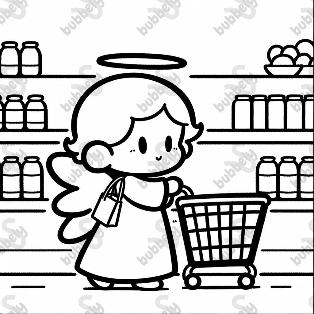 Un ange qui fait ses courses joyeusement dans un magasin. Cette scène montre l'ange dans un environnement coloré rempli de cadeaux et de jouets. Un ange qui fait ses courses joyeusement dans un magasin. Cette scène montre l'ange dans un environnement coloré rempli de cadeaux et de jouets.