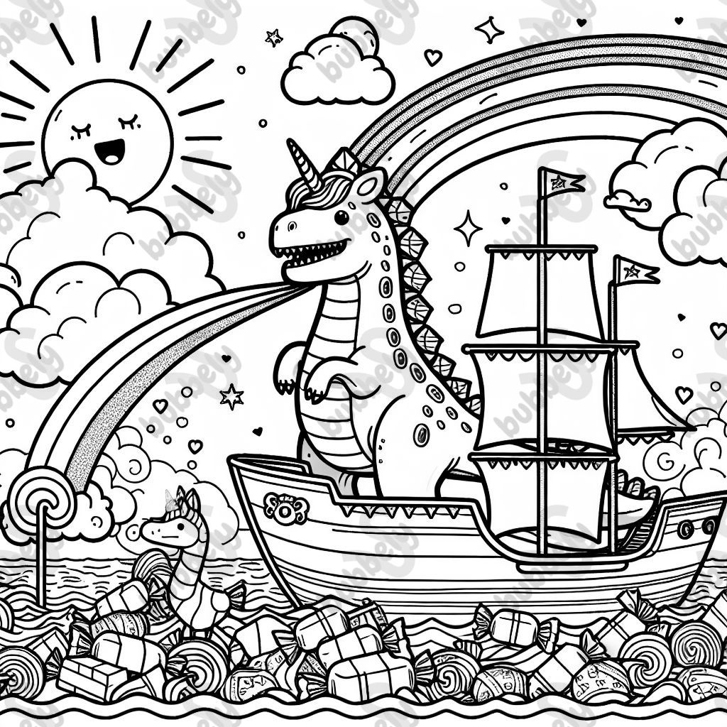 A dinosaur in a unicorn costume on a pirate ship sailing in a sea of candies with a sun above that is vomiting.
