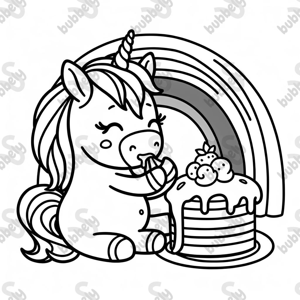 A unicorn eating chocolate cake with rainbow in background