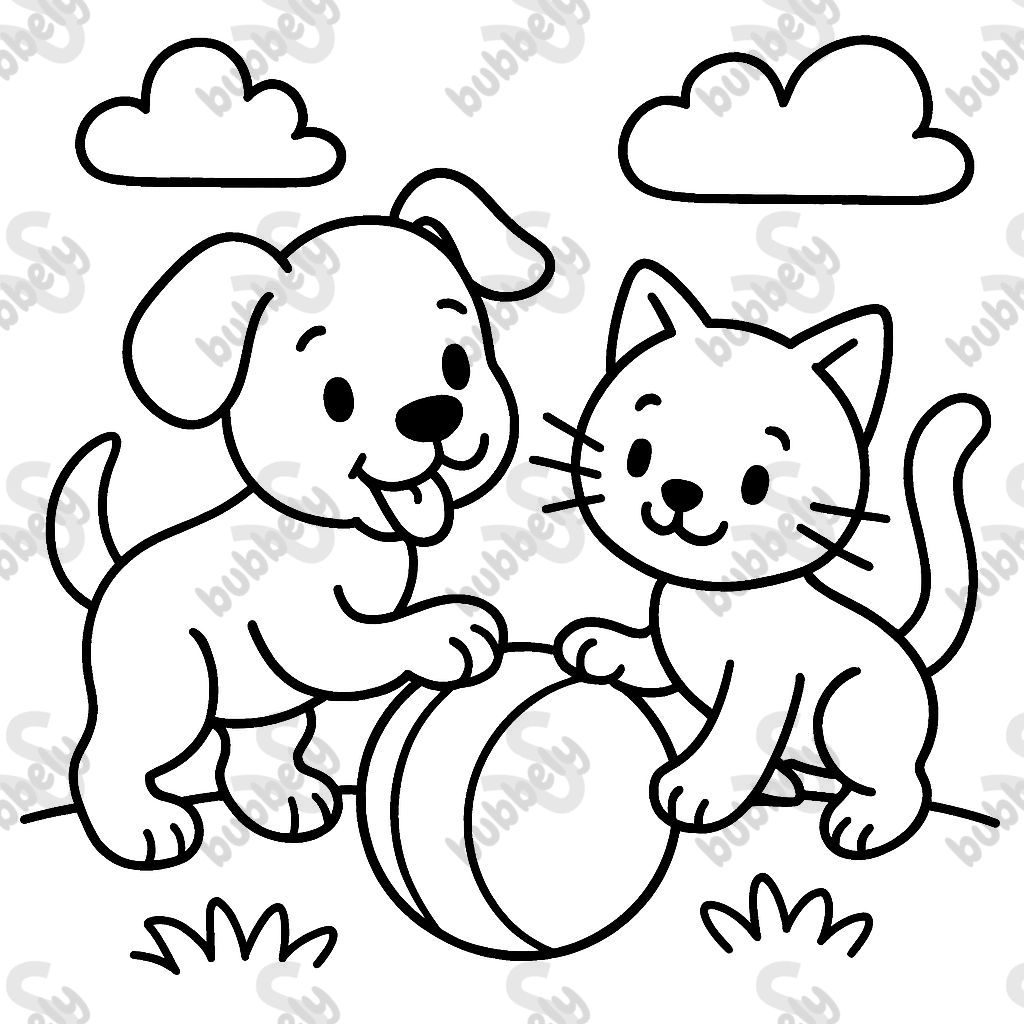 Welpe und Kätzchen spielen zusammen mit einem Ball. Welpe und Kätzchen spielen zusammen mit einem Ball.