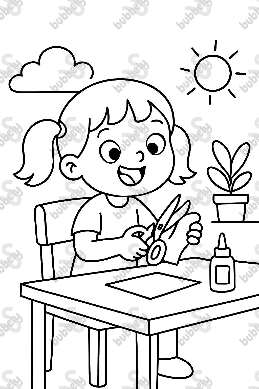 Fille utilisant des ciseaux assise sur une chaise, à une table. Fille utilisant des ciseaux assise sur une chaise, à une table.