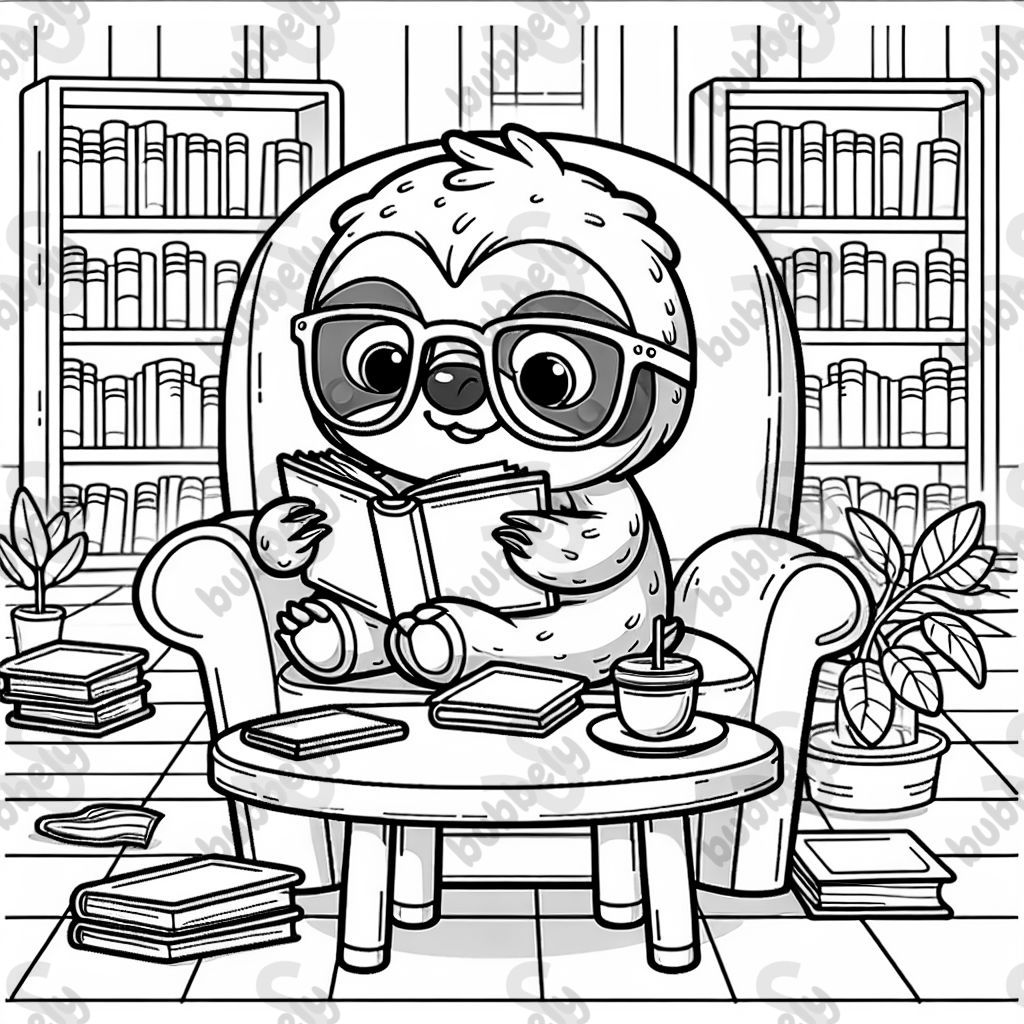 A sloth wearing classes reading in the library