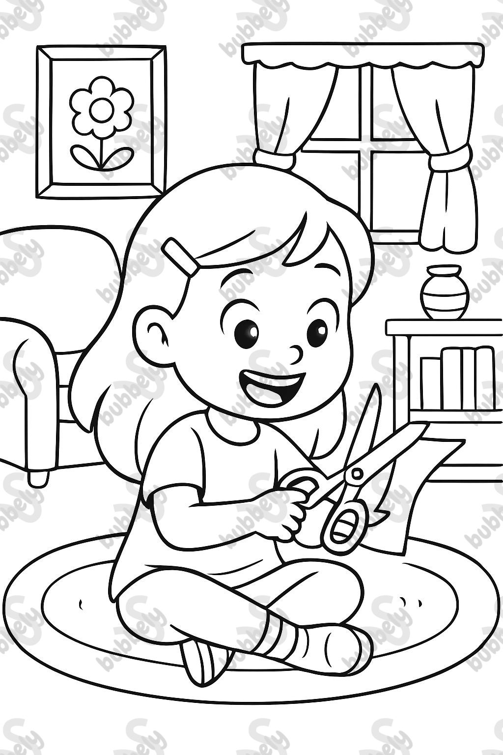 Mädchen sitzt im Klassenzimmer und benutzt eine Schere. Mädchen sitzt im Klassenzimmer und benutzt eine Schere.