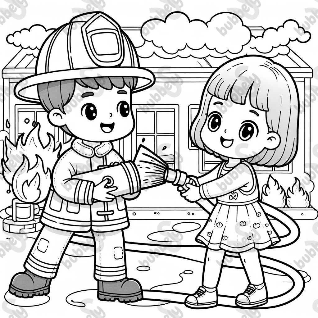 A firefighter and a girl with short hair are putting out a fire together. A firefighter and a girl with short hair are putting out a fire together.