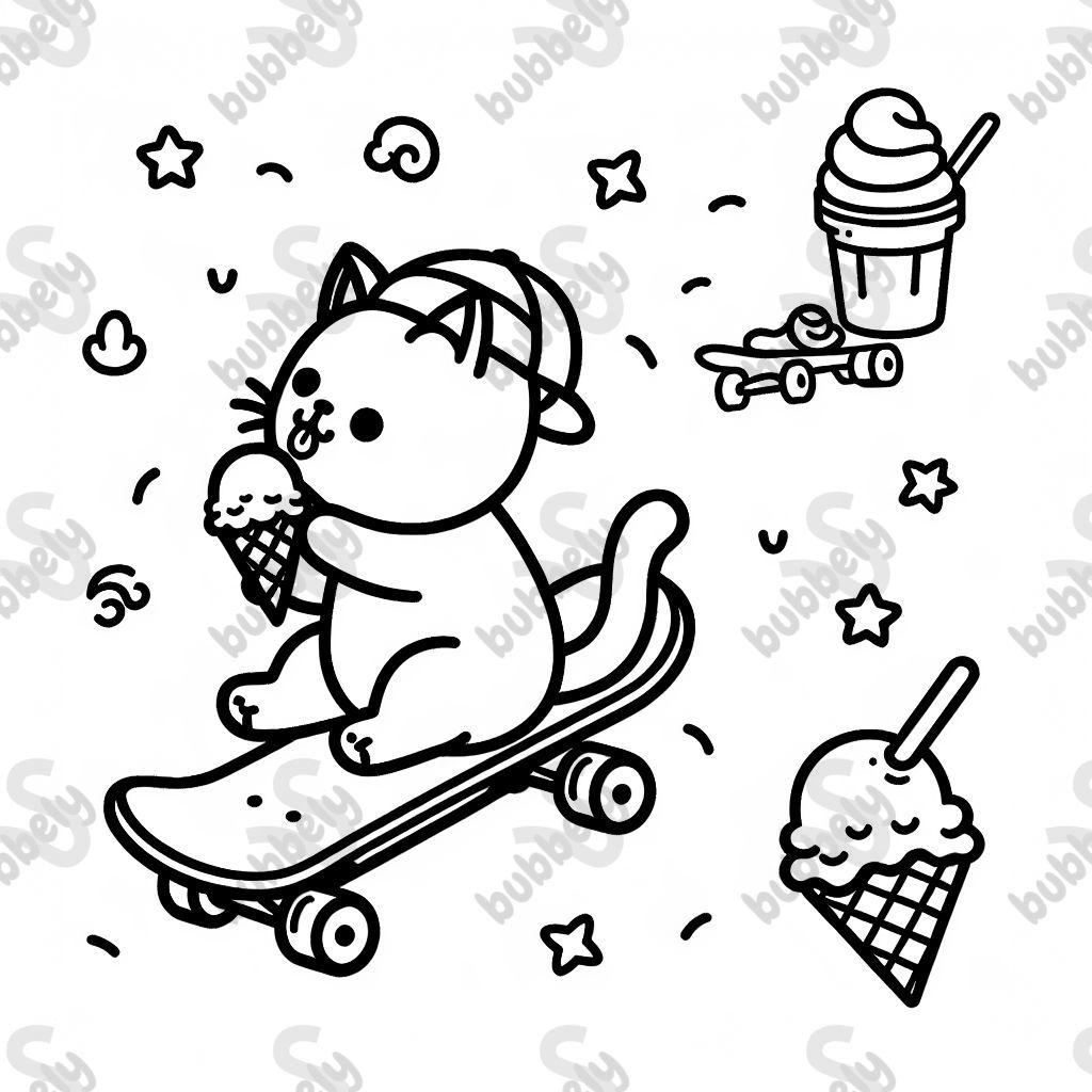 A cat on a skateboard eating an ice cream cone. A cat on a skateboard eating an ice cream cone.