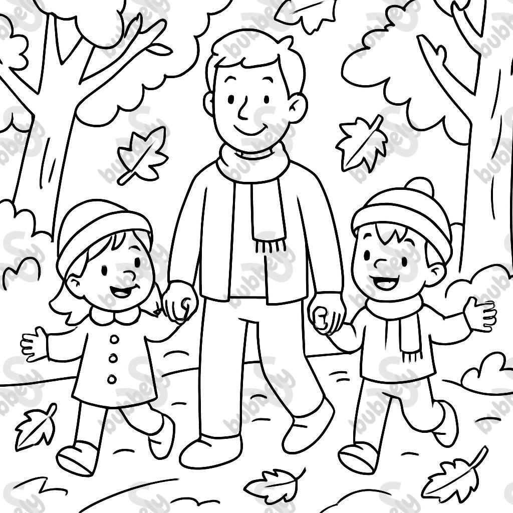 Un papá, una niña y un niño caminando en un bosque de otoño Un papá, una niña y un niño caminando en un bosque de otoño