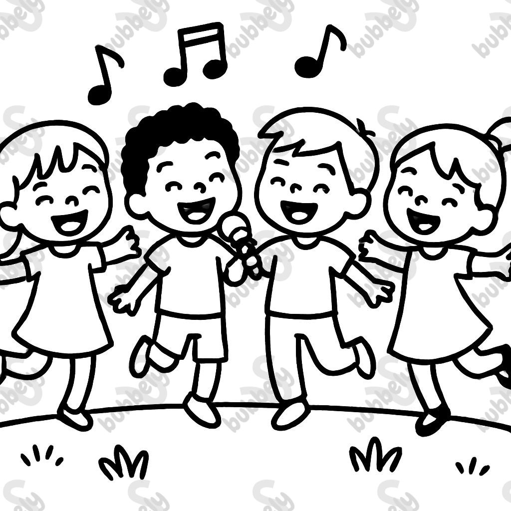 Four kids dancing and singing together. Two girls and two boys. One boy is black. Four kids dancing and singing together. Two girls and two boys. One boy is black.