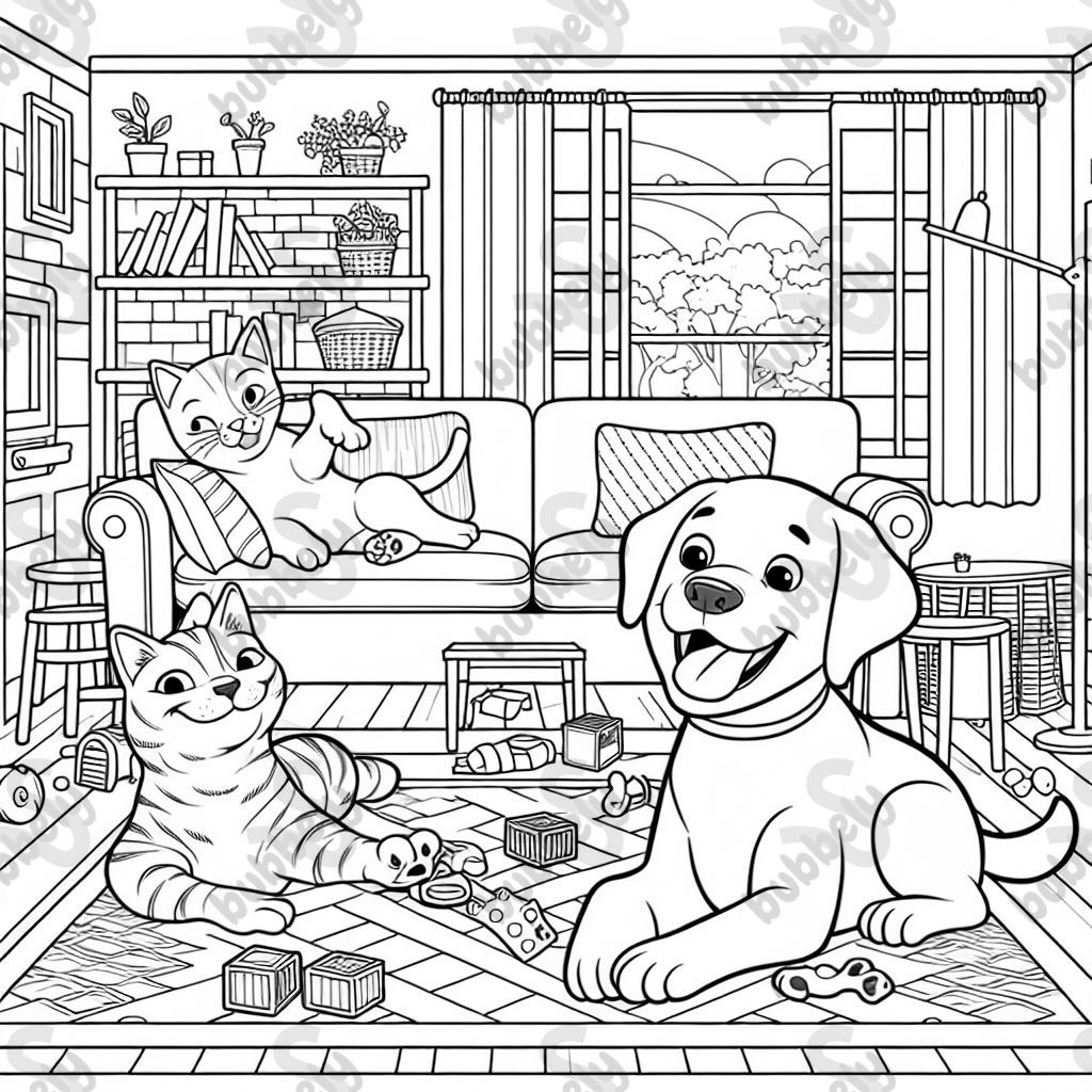 Eine getigerte Katze und ein Labrador Retriever sind zusammen im Inneren zu sehen. Ein niedliches Bild für Kinder zum Ausmalen. Eine getigerte Katze und ein Labrador Retriever sind zusammen im Inneren zu sehen. Ein niedliches Bild für Kinder zum Ausmalen.