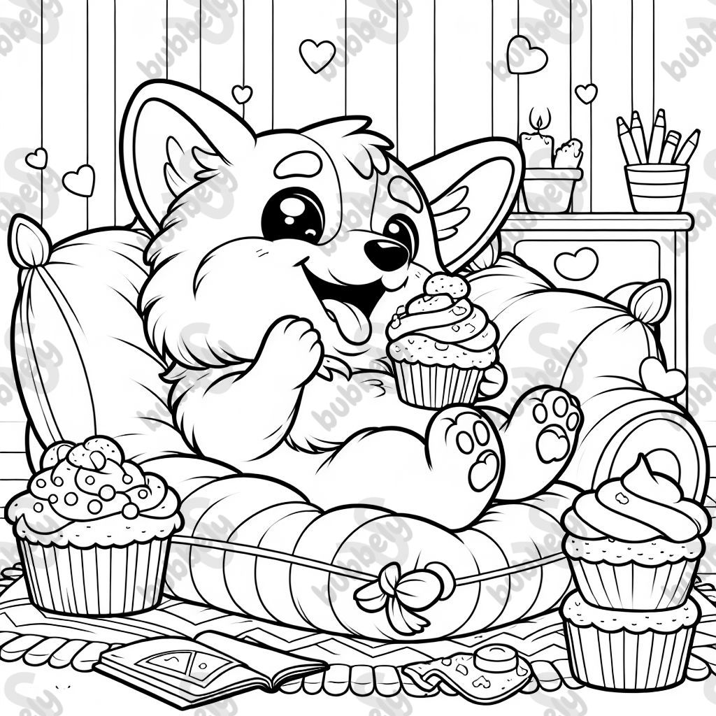 corgi dog eating cupcakes on a pillow