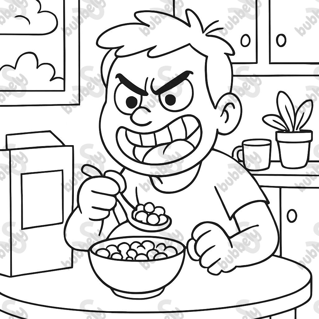 Hombre enojado comiendo cereal con una sonrisa Hombre enojado comiendo cereal con una sonrisa