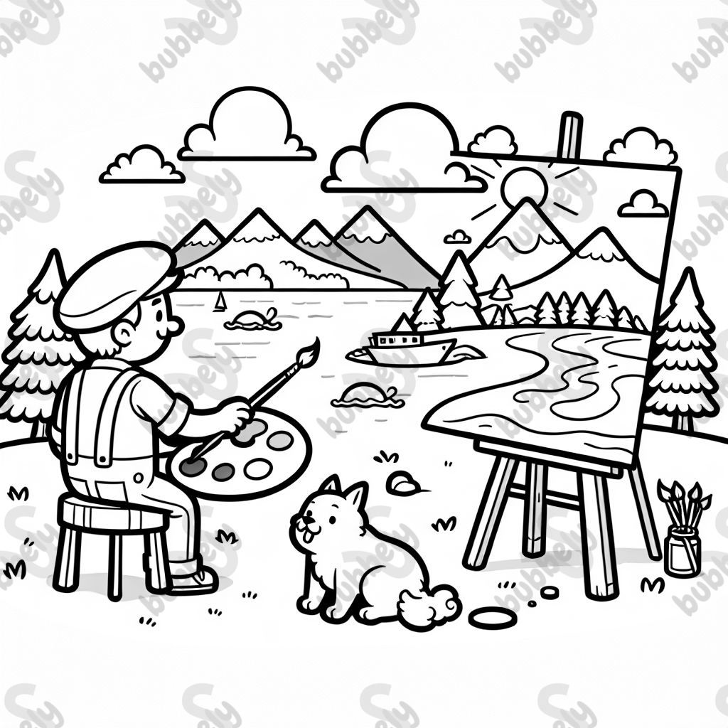 Un artista pintando el paisaje en el que se encuentra. Un artista pintando el paisaje en el que se encuentra.