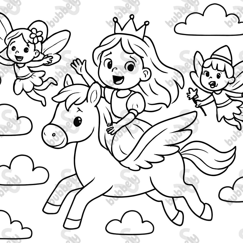 Zwei Feen, eine Prinzessin und ein Pegasus fliegen durch den Himmel Zwei Feen, eine Prinzessin und ein Pegasus fliegen durch den Himmel