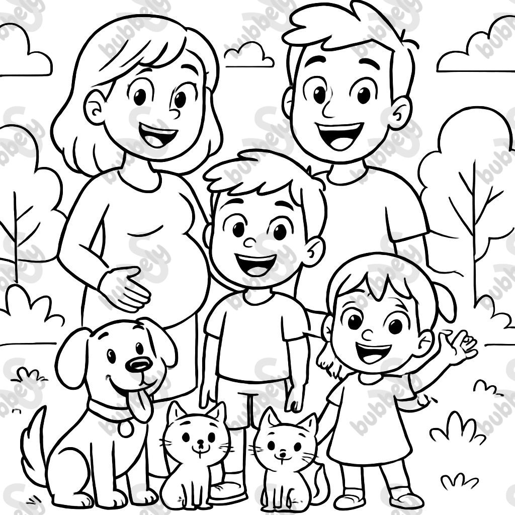 Eine Familie mit einer schwangeren Mama, einem Papa, einem großen Jungen, einem kleinen Mädchen, einem Hund und zwei Katzen. Eine Familie mit einer schwangeren Mama, einem Papa, einem großen Jungen, einem kleinen Mädchen, einem Hund und zwei Katzen.
