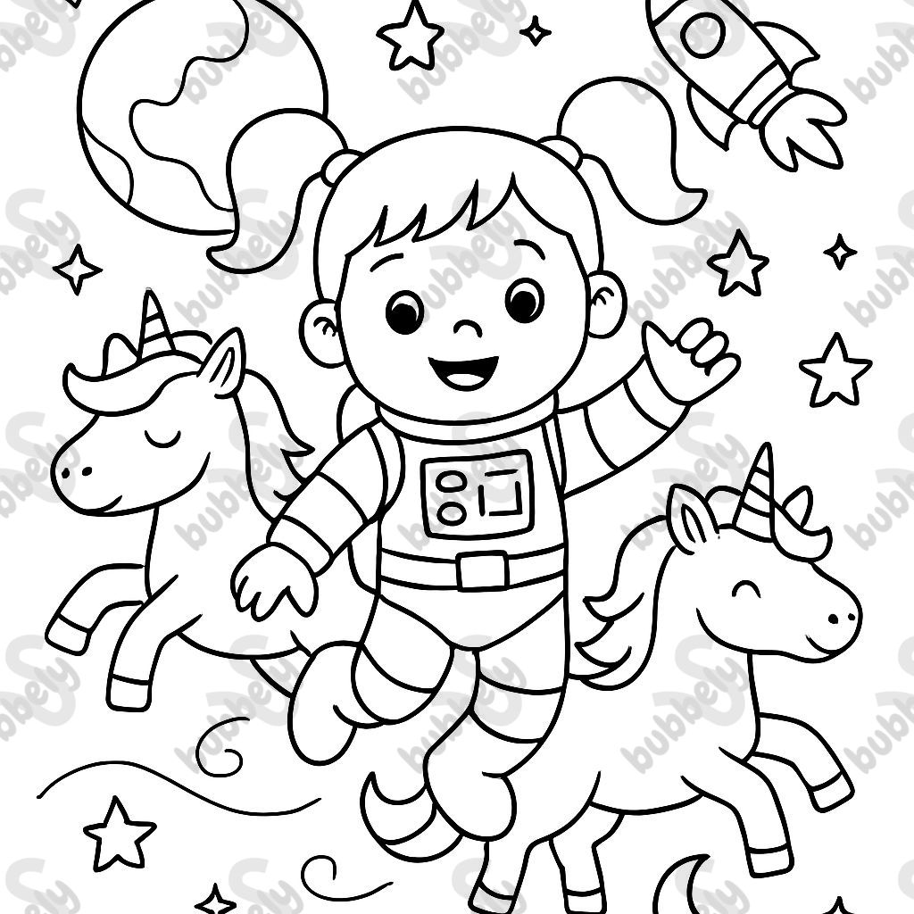 chica con trenzas en el espacio como astronauta con unicornios chica con trenzas en el espacio como astronauta con unicornios