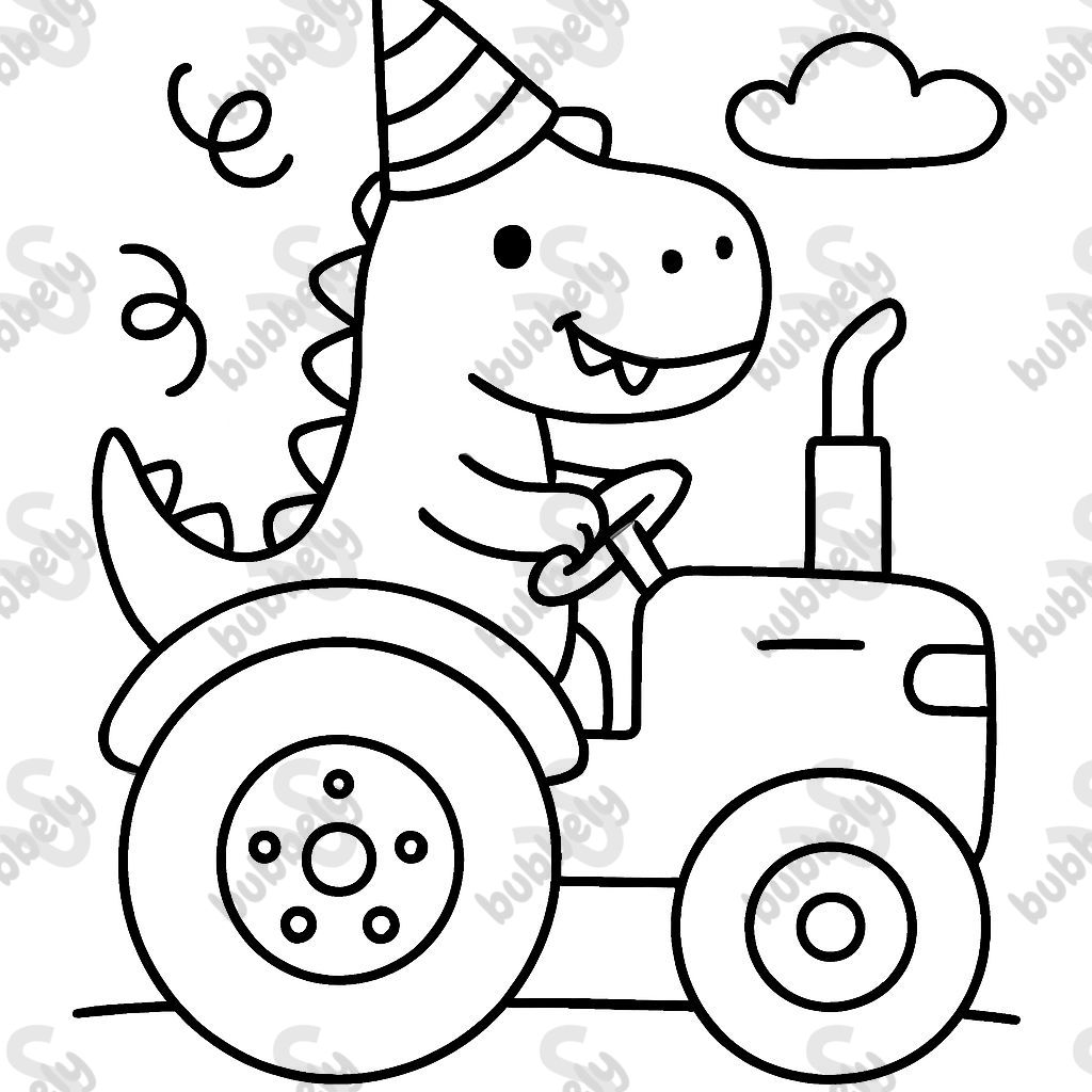 a dino driving a tractor wearing a birthday hat with streamers a dino driving a tractor wearing a birthday hat with streamers