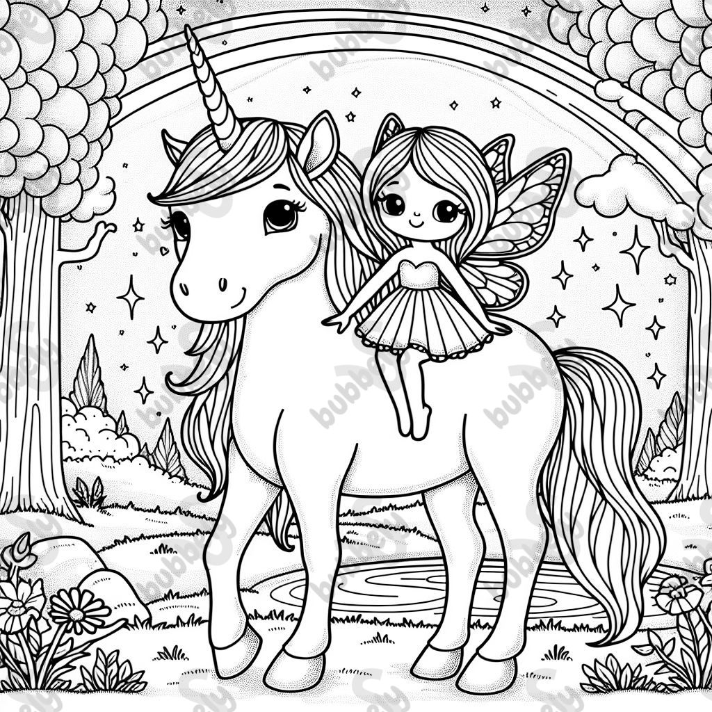 une fée assise sur une licorne