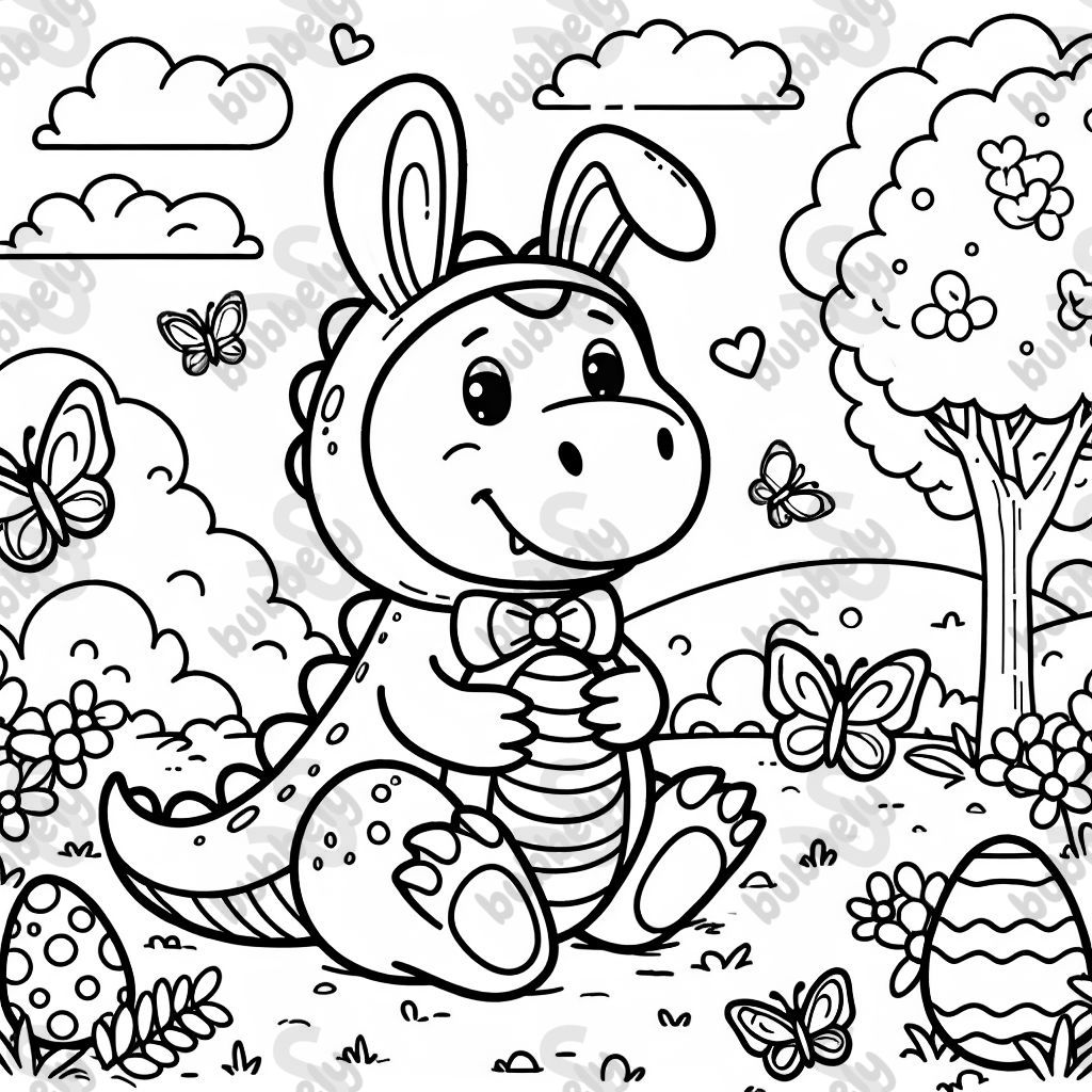Dinosaur in Easter Bunny costume with eggs and butterflies Dinosaur in Easter Bunny costume with eggs and butterflies