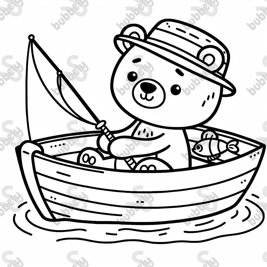 Un oso en un bote de remos con un sombrero de pesca Un oso en un bote de remos con un sombrero de pesca