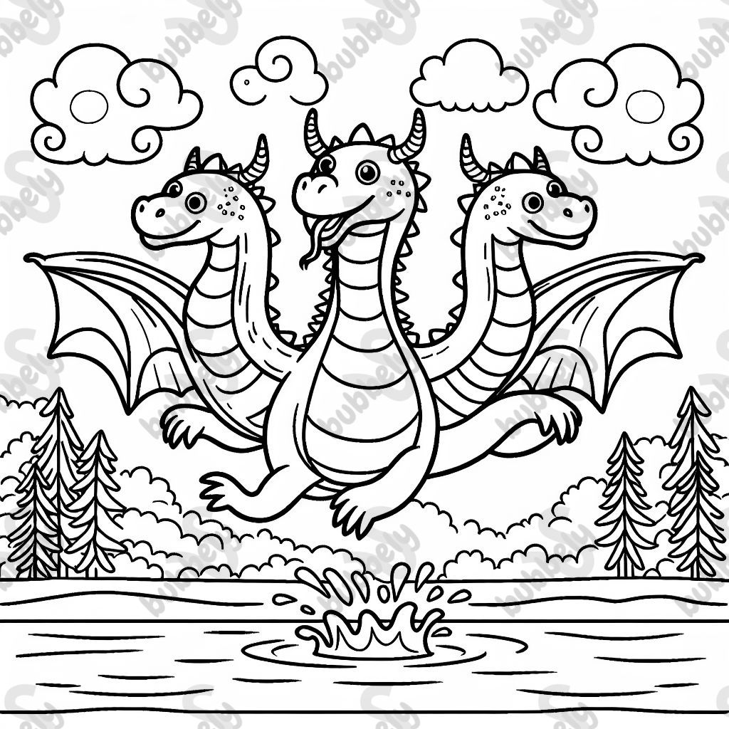 Ein Dreiköpfiger Drache der aus einem See springt Ein Dreiköpfiger Drache der aus einem See springt