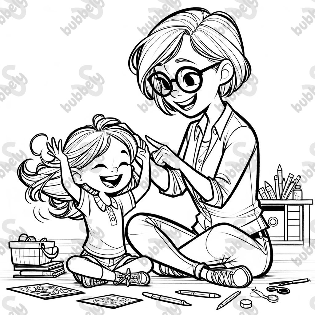 Girl with long hair and an adult woman with short hair and glasses Girl with long hair and an adult woman with short hair and glasses